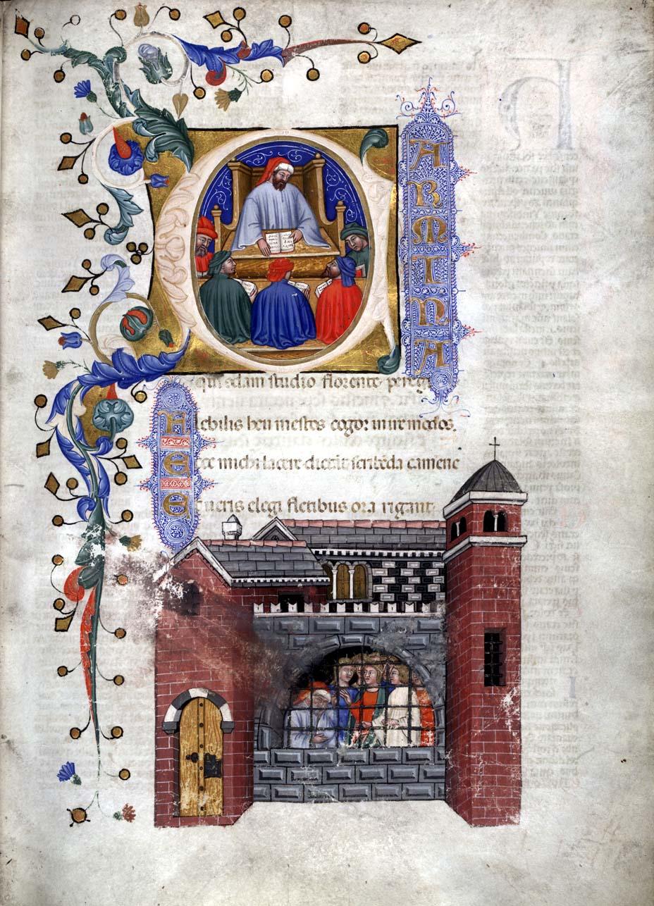 Miniatures of Boethius teaching and in prison from a 1385 Italian manuscript